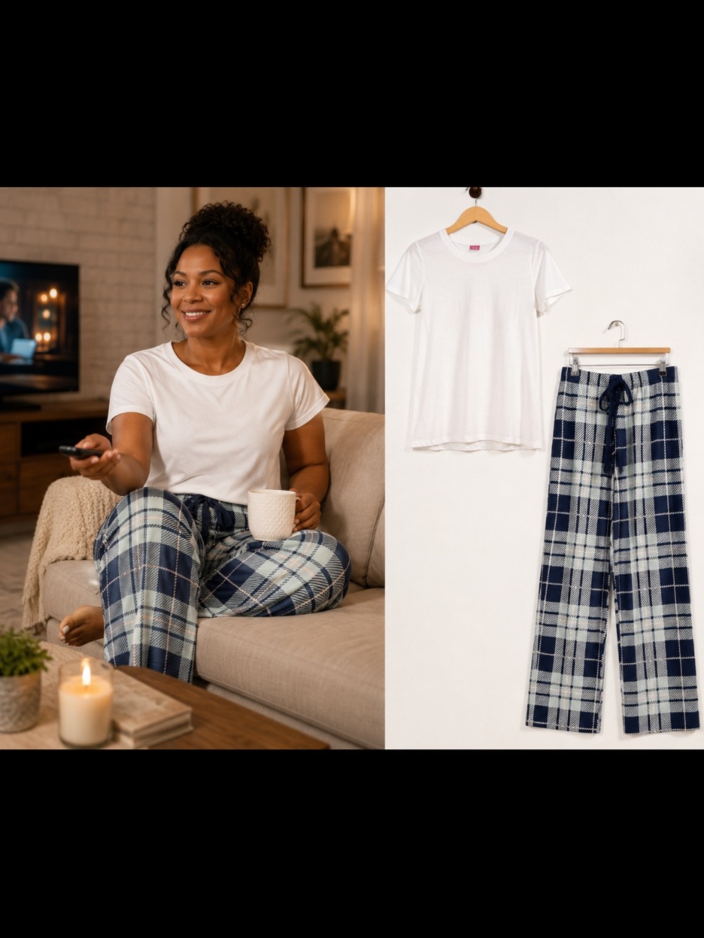Plaid Flannel Lounge Pants with Drawstring - and white tee